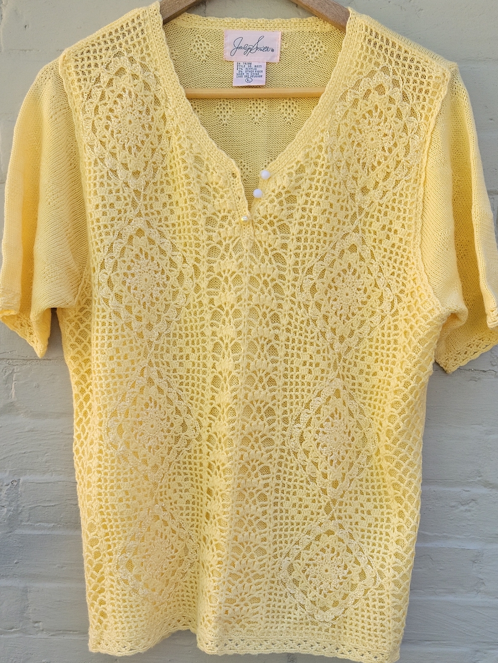 Jaclyn Smith Yellow Crochet Lace V-Neck Short Sleeve Sweater Sz L